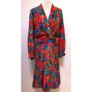 Raul Blanco 100% silk gorgeous bright abstract floral 80s 2 piece dress with pep